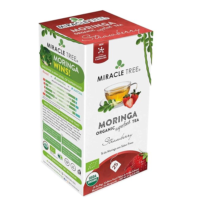 Miracle Tree - 3 Count of Organic Moringa Superfood Tea, 25 Individually Sealed Tea Bags, Strawberry (Keto, Detox, Energy/Immunity Booster, Vegan, Gluten-Free, Organic, Non-GMO, Caffeine-Free)