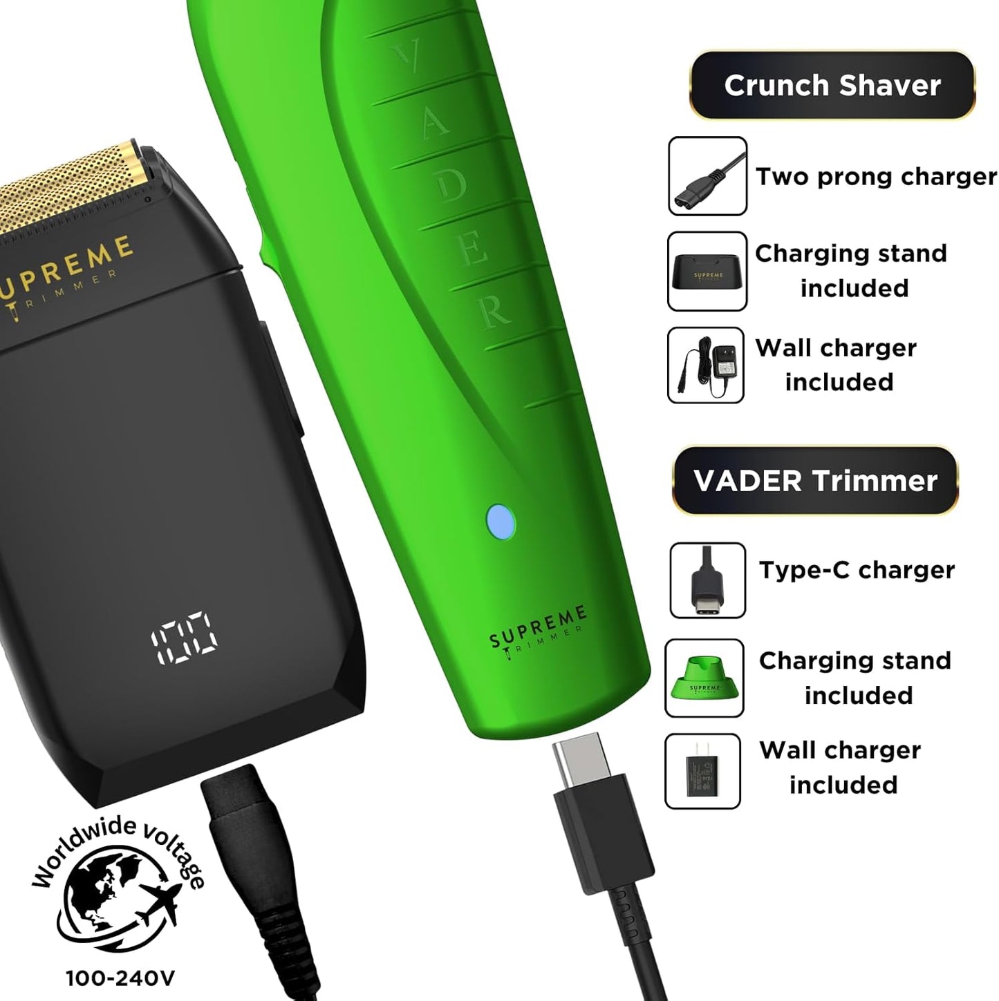 Supreme Trimmer Vader Trimmer & Crunch Foil Shaver Barber Haircutting Kit | Professional DLC T-Blade Beard Trimmer ST3778 & STF602 Waterproof IPX6 Shaver Set | (Acid)