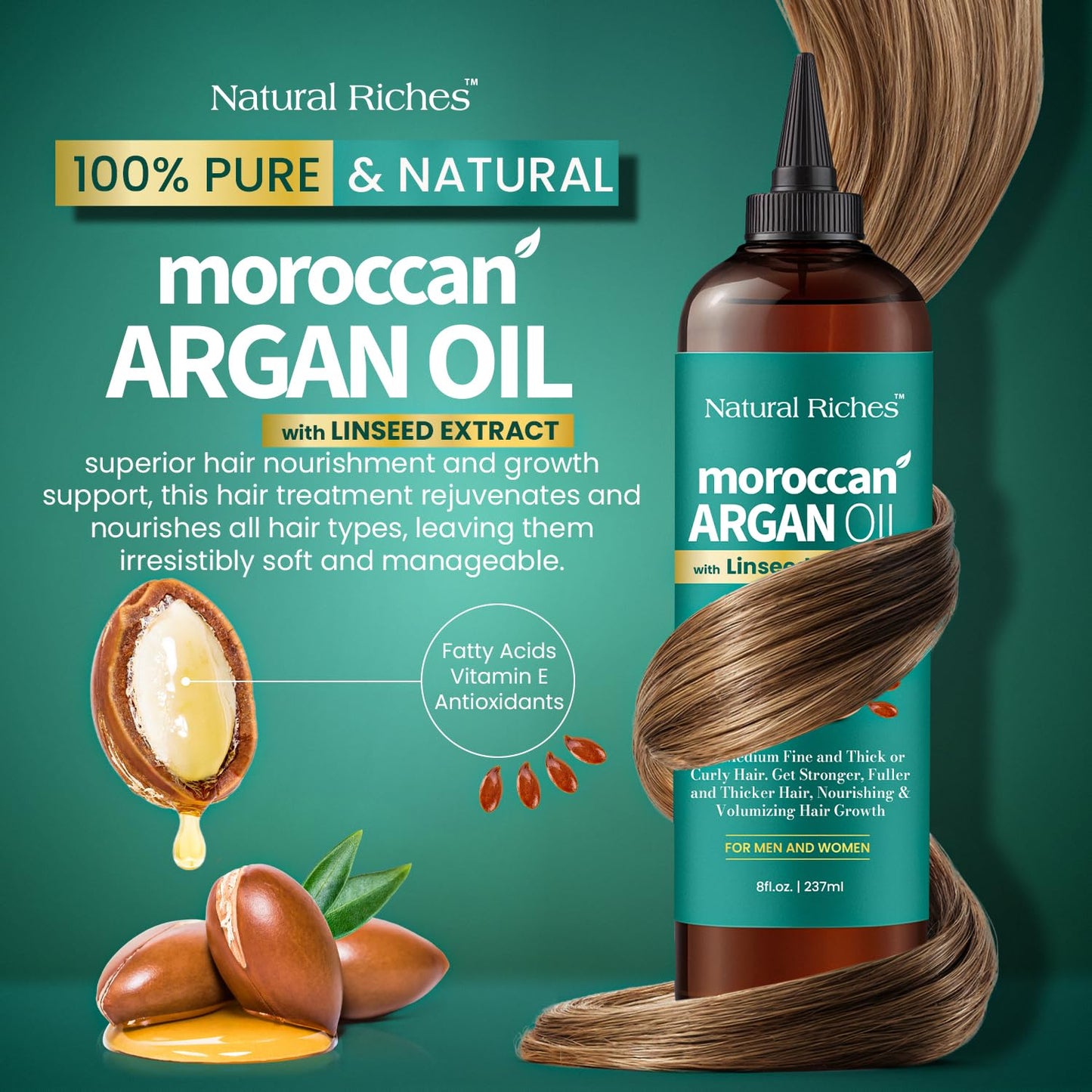 Natural Riches Moroccan Argan Oil with Linseed Extract, Hair Treatment for All Hair Types, Smooths frizz, detangles, conditions and boosts shine 8 Fl Oz