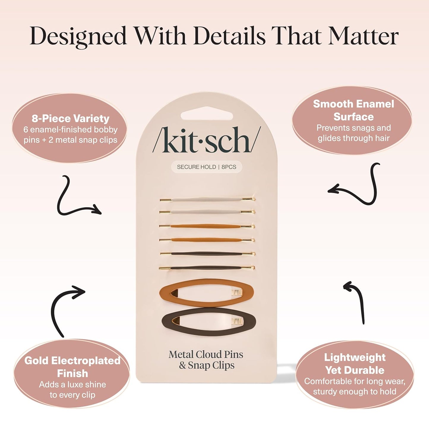 Kitsch Hair Clips for Women & Bobby Pins – Gold Metal Snap Hair Barrettes | Stylish, No Slip, Pain-Free | Ideal for Everyday Hairstyles | Ideal Gifts for Women - Sedona, 8pc Set