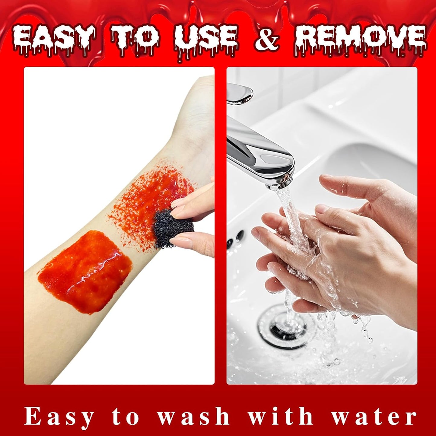 Halloween Fake Blood Washable with Stipple Sponge,1.06 Oz Edible Stage Blood Liquid for Face SFX Makeup,Body Paint Cospaly Dripping Fake Blood,Special Effect for Zombie Vampire,Bright