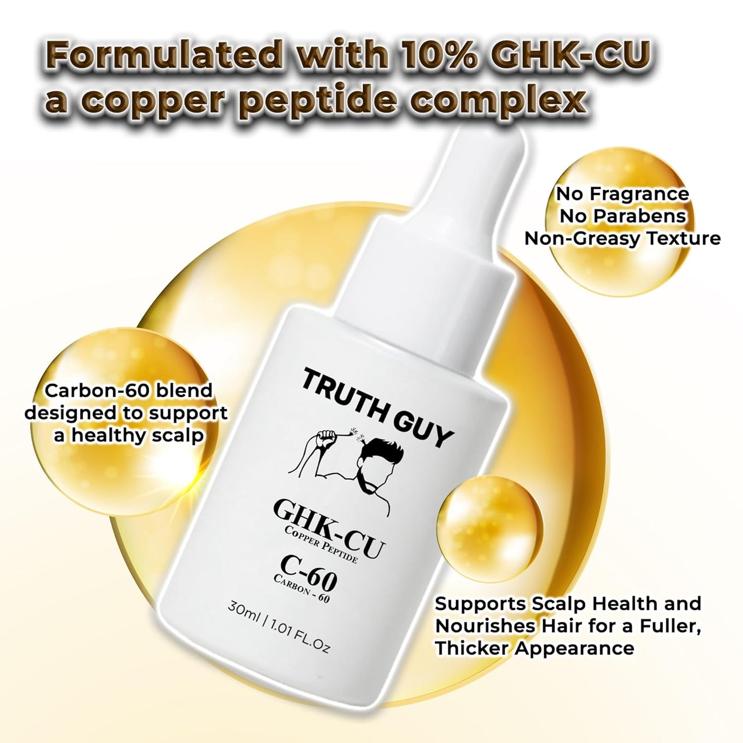 Truth Guy GHK-CU Copper Peptide Serum For Men and Women, With Carbon-60 for Fuller, Thicker Hair, Beard, Brows, and Lashes - One Month Supply