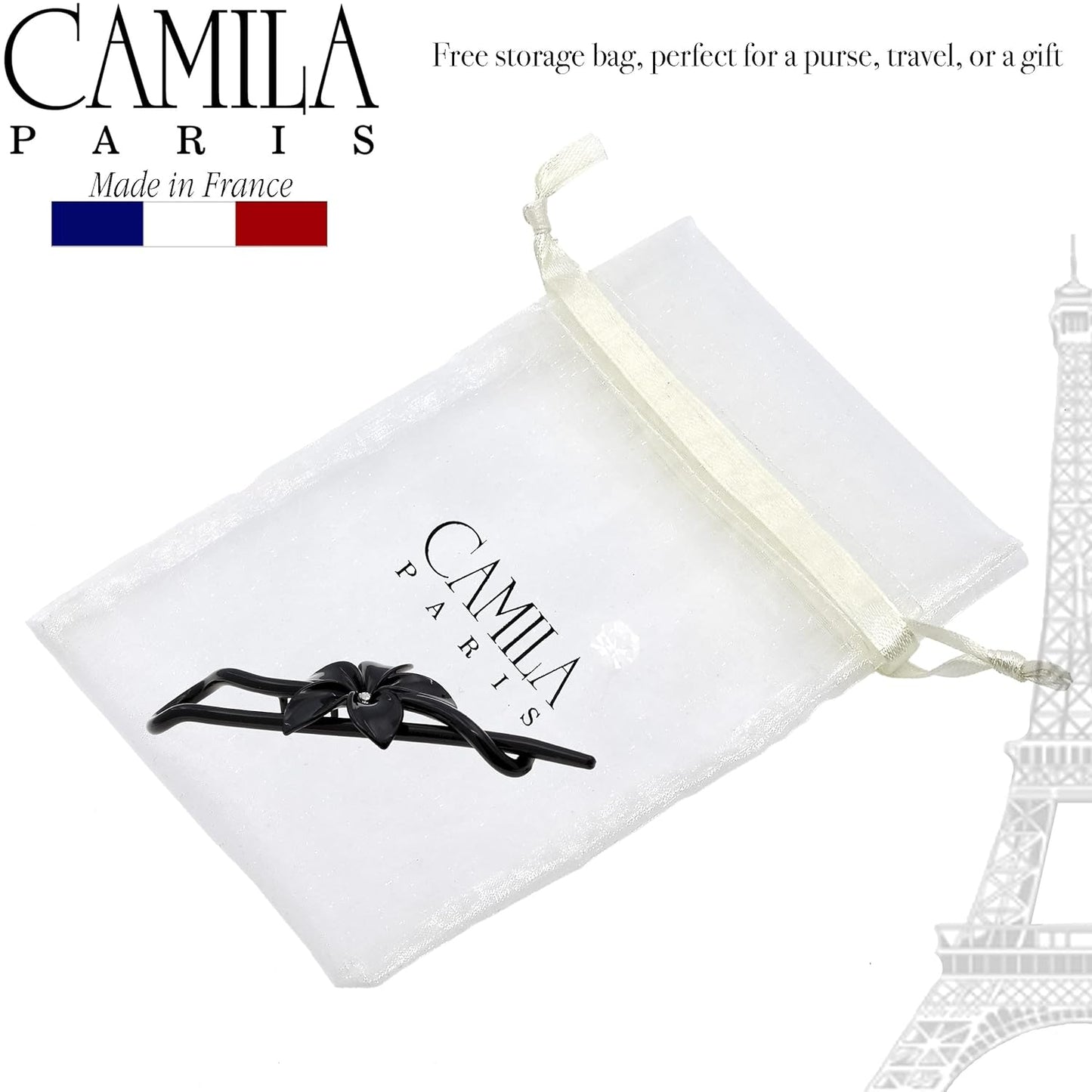 Camila Paris CP1593 French Hair Barrette Pin Clips for Girls, Flower, Black, No Metal Parts, Strong Hold Grip Hair Clips for Women, No Slip Styling Girls Hair Accessories, Made in France