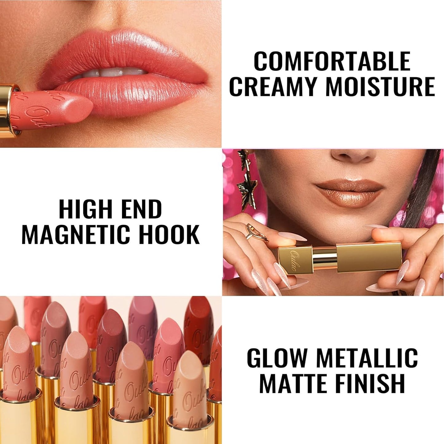 Oulac Matte Nude Lipstick with Glow Metallic Finish - Vegan Lipstick for Women, Creamy Texture, Hydrating Clean Beauty Formula, High-End Magnetic Hook Design, GM14