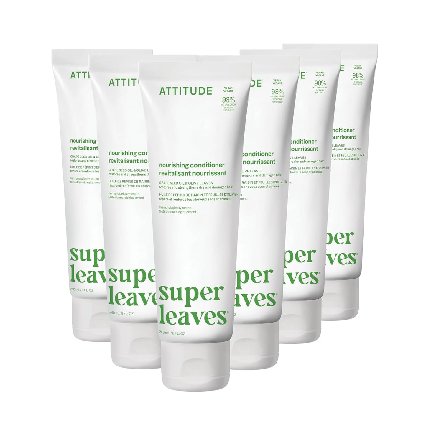 ATTITUDE Nourishing Hair Conditioner, For Dry and Damaged Hair, Naturally Derived Ingredients, Vegan Detangler, Dermatologically Tested, Grapeseed Oil and Olive Leaves, 8 Fl Oz (Pack of 6)