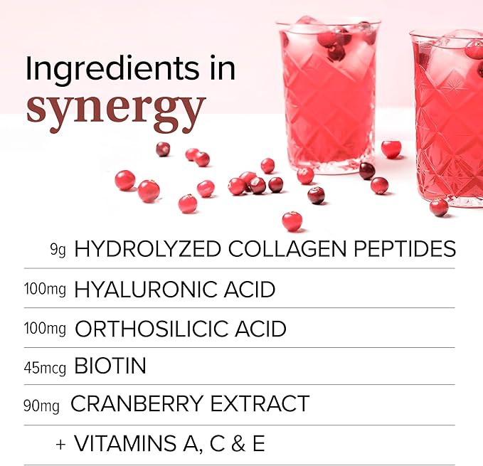 Collagen Skin - Hydrolyzed Collagen Peptides, with Hyaluronic Acid, Silicon & Biotin - Hair, Skin & Nails - Cranberry - 12.1 oz (30 Servings)