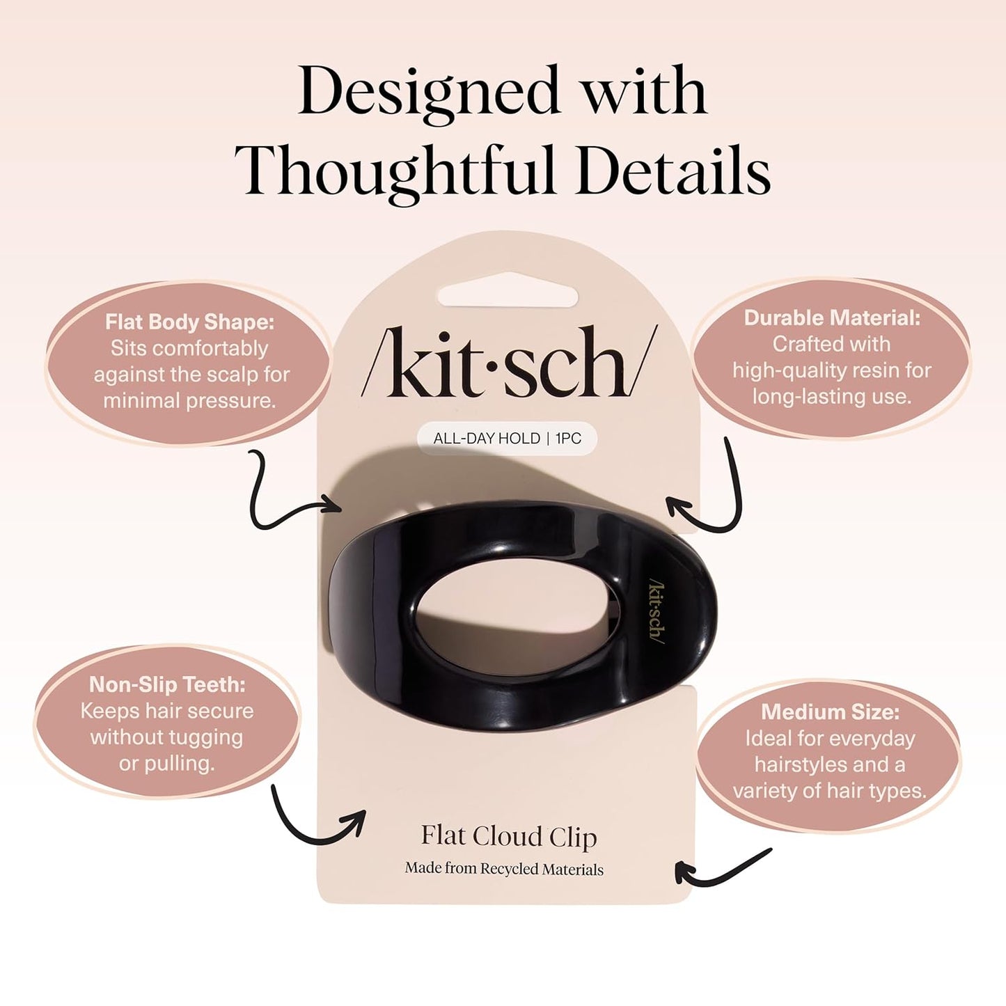 Kitsch Medium Flat Claw Clips for Women - Stylish Flat Hair Clips, Strong Hold for Thick & Fine Hair | Non-Slip for Secure, Comfortable All-Day Wear | Ideal Gifts for Women - Black