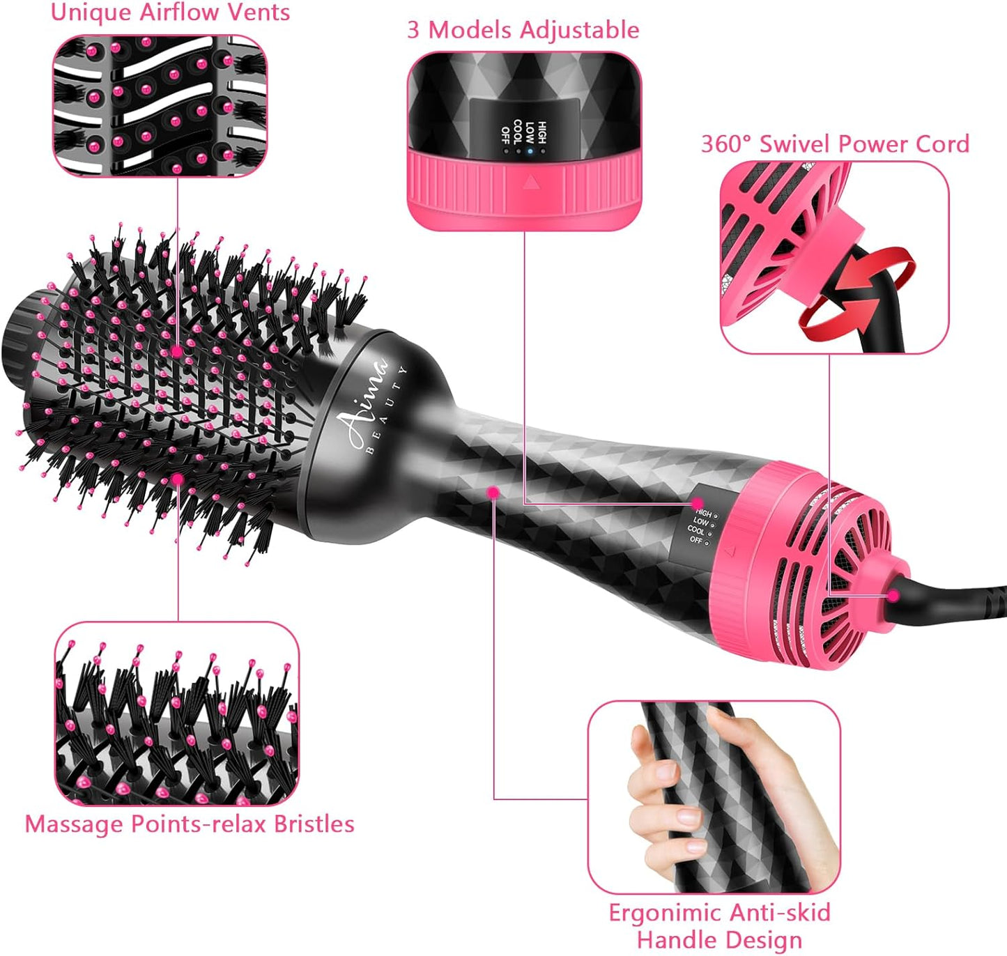 Aima Beauty One-Step Volumizer Hair Dryer Brush, 4-in-1 Upgrade Hot Air Brush for Less Frizz, More Shine, Oval Brush for Blowout, Black Red