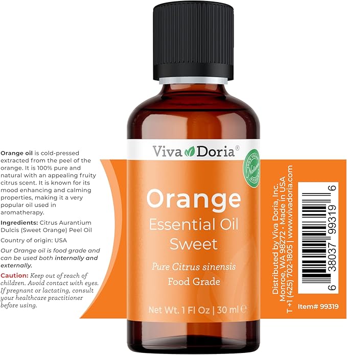 Viva Doria 100% Pure Sweet Orange Essential Oil, Undiluted, Food Grade, USA Orange Oil, 30 mL (1 Fl Oz)