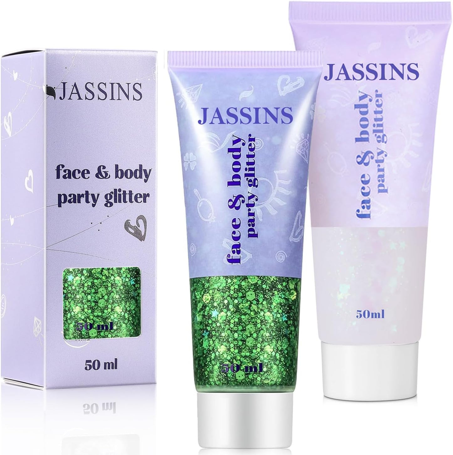 JASSINS 2PCS Body Glitter, 100ml St Patricks Day Face Glitter for Women Girls Kids, Glitter Gel Makeup Tween Gifts, Singer Concerts Festival Rave Accessories, Chunky Mermaid Sequins (Green & White)