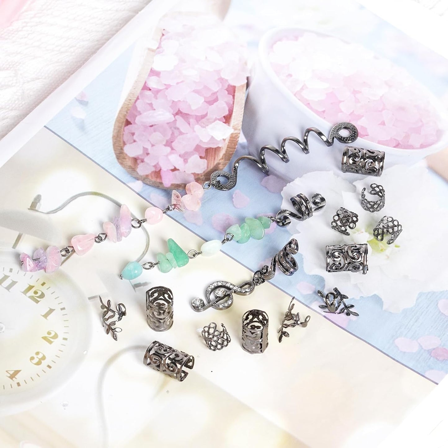 hoyuwak 40Pcs Hair Jewelry for Braids Loc Dreadlock Accessories Hair Beads Clips Cuffs Charms Rings for Women Grls Rave Punk Hairstyle Decoration, Black