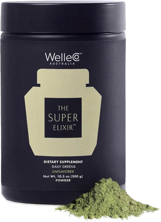 WelleCo The Super Elixir, Daily Greens Powder with Probiotics, Superfoods & Whole Foods, Unflavored Drink Mix for Gut Health, Immunity, Energy, Skin & Hair, 10.5oz Jar