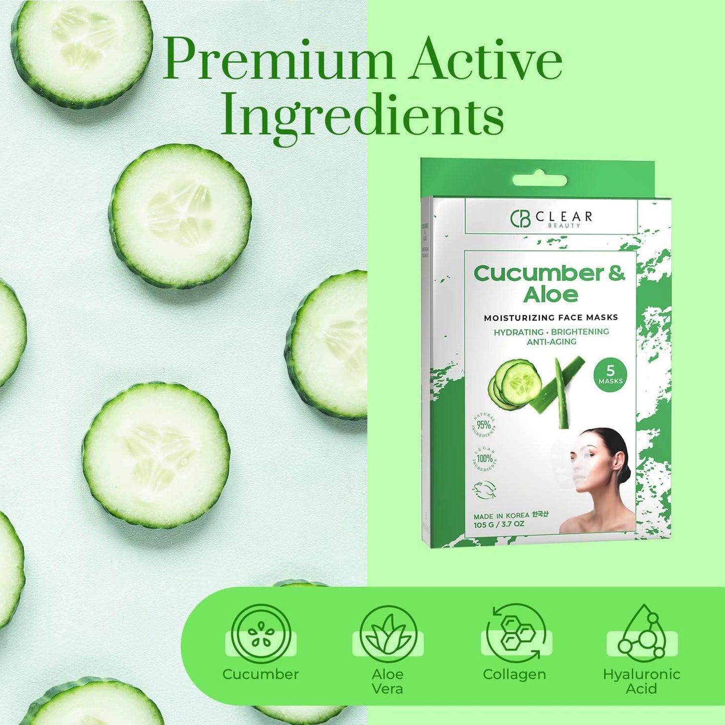 Clear Beauty Cucumber & Aloe Moisturizing Face Mask - Dermatologist Tested, Soothes Irritated Skin, Reduces Wrinkles & Fine Lines, Hydrating, Cruelty-Free Korean Skin Care - All Skin Types - 4 Pack