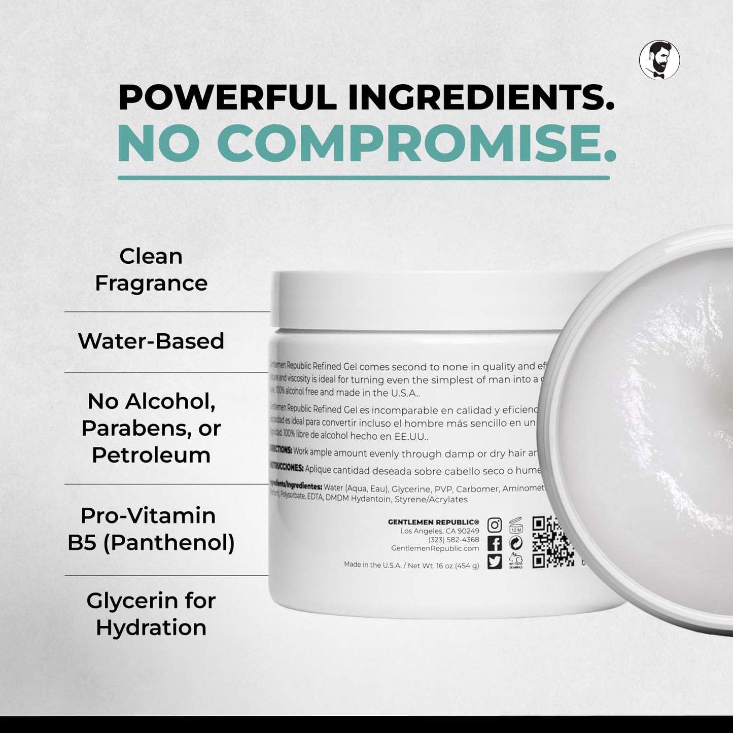 Gentlemen Republic 16oz Refined Hair Gel w/Pump - Professional Formula for 24 Hour Shine and Hold, Humidity Resistant, 100% Alcohol-Free and Never Flakes, Made in the USA