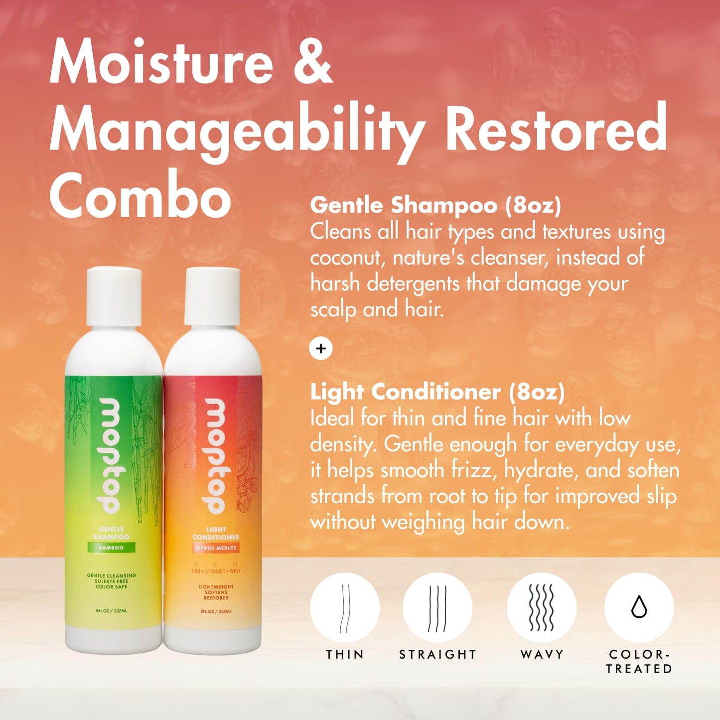 MopTop Lightweight Curly Hair Shampoo and Conditioner Set – Gentle Shampoo + Light Conditioner, Reduces Frizz & Restores Dry Damaged Hair, Sulfate & Paraben Free – Wavy, Curly, Coily, Kinky (Set of 3)