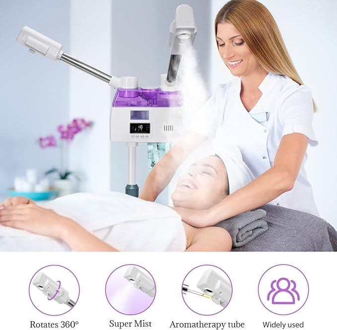3 in 1 Facial Steamer,Professional Facial Steamer with 5X Magnifying LED Lamp, Esthetician Steamer with Hot & Cold Mist, Face Steamer On Wheels for Salon Spa Beauty Skin Care