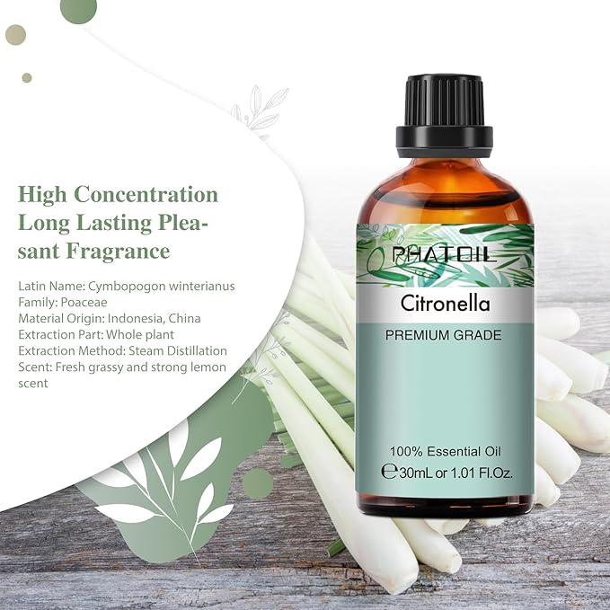 Citronella Essential Oil 1.01fl.oz/30ml, PHATOIL Premium Citronella Oils Long Lasting Scents for Aromatherapy, Diffuser, DIY Soap and Candle Making