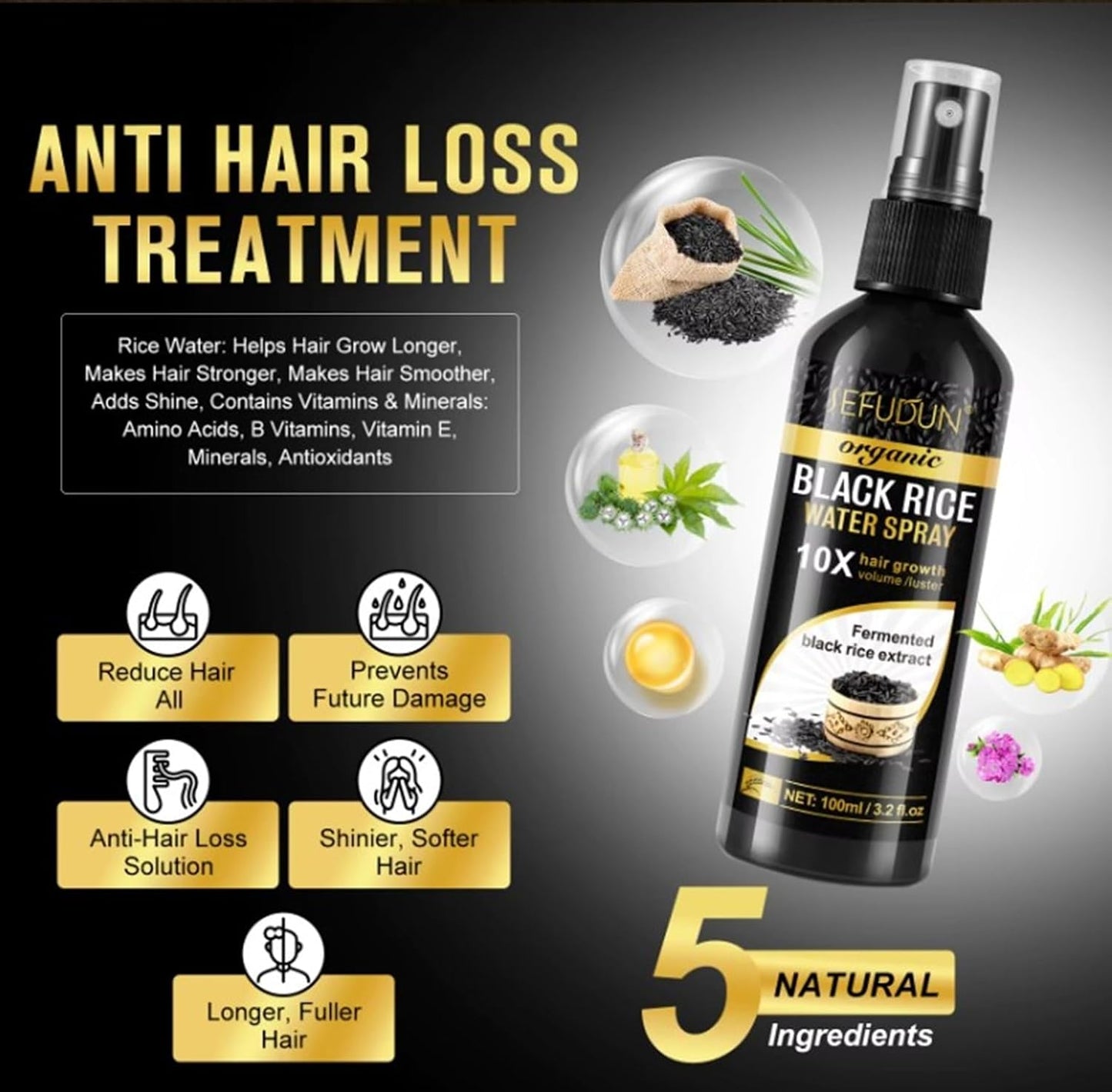 Organic Black Rice Water Spray for Hair Growth, with Castor Oil & Ginger Root Extract for Thicker, Fuller Hair, Helps in Hair Loss and helps Repair Damage 100ml/3.2 fl. Oz (1 PC) - ActivePur