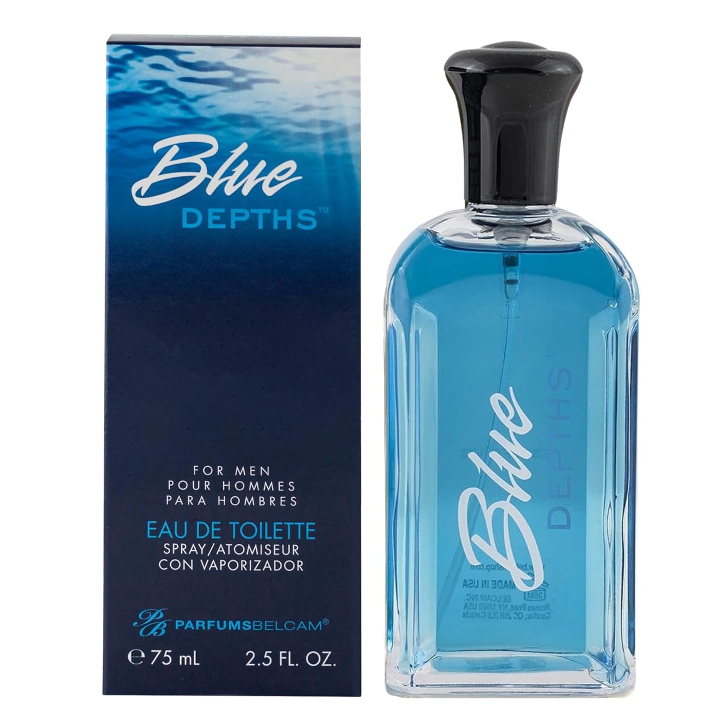 PB ParfumsBelcam Blue Depths Eau de Toilette Fragrance Spray - 2.5 Fl Oz. Fresh Aquatic Cologne for Men with Crisp Citrus, Warm Musk & Amber Scent, Crafted with Premium Oils for Day & Night Use