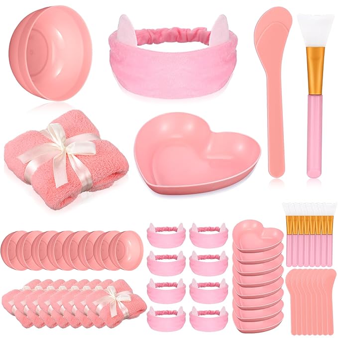 48 Pcs Spa Party Supplies for Women Face Mask Mixing Bowl Spa Towel Heart Bowl Stick Spatulas for Sleepover Party(Pink)