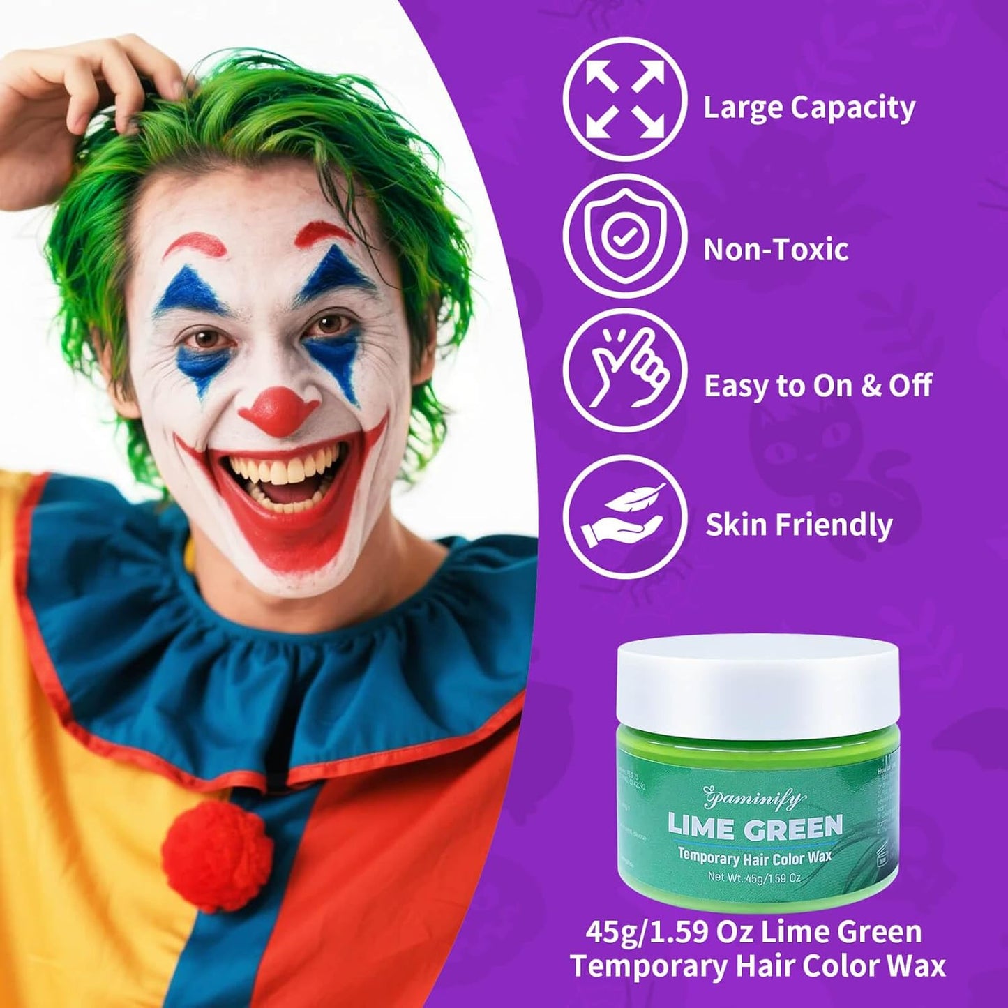 Halloween Joker Clown Makeup Kit,Red White Blue Black Face Body Paint+Lime Green Temporary Hair Wax+4 pcs sponge,Water-Based Face Painting for Clown Skull Devil Cosplay Costume SFX Makeup Set