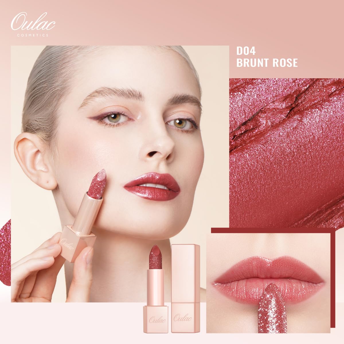 Oulac Shimmer Lipstick for Women, Infinity High Shine Finish, Hydrating Lip Color Infused with Damask Rose Oil for All-Day Comfort, Gluten-Free Vegan Beauty, D04 Brunt Rose