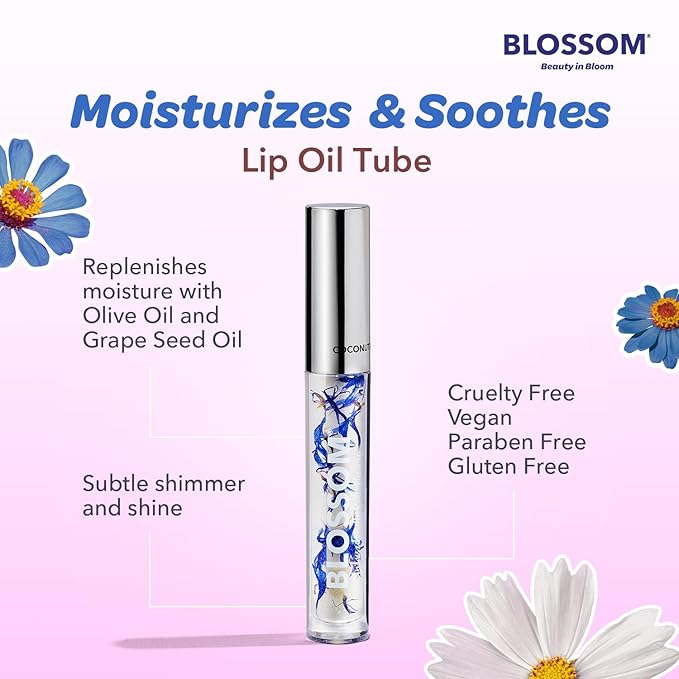 Blossom Lip Gloss & Lip Oil with Olive Oil + Grape Seed Oil, Moisturizing and Hydrating Shimmer Sparkle, Infused with Real Flowers, 3g, Coconut