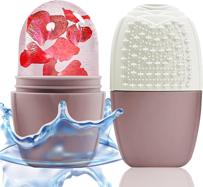 KOGITI Face Ice Roller & Mold - Beauty Facial Massage Tool for Puffiness Relief, Ice Cube Holder (Brush-Brown)