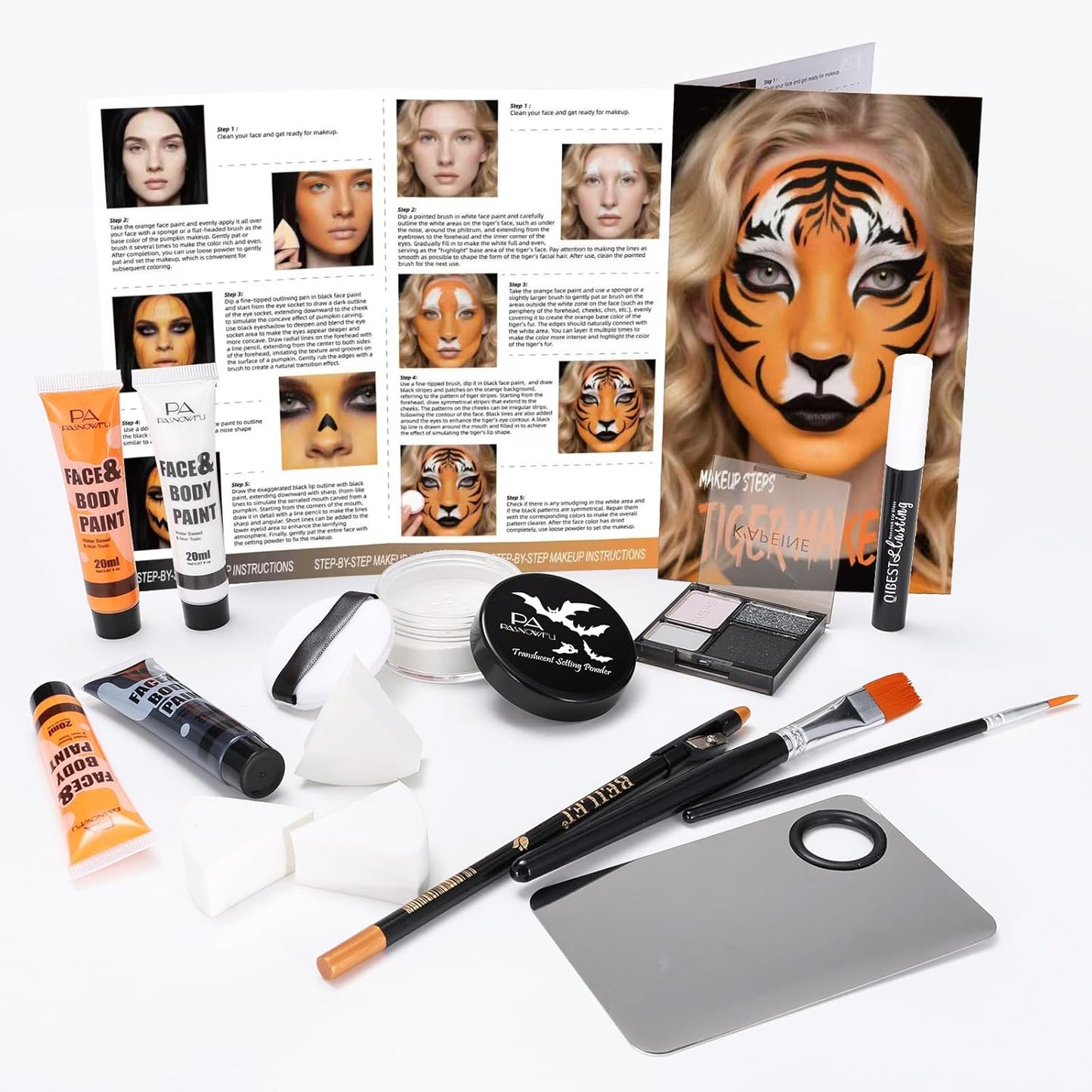 Halloween for Pumpkin Tiger Makeup Kit, Complete Halloween SFX Costume Makeup Set for Pumpkin &Tiger Cosplay ,Black White Orange Water-Based Face Paint Kit with Black Lip Gloss