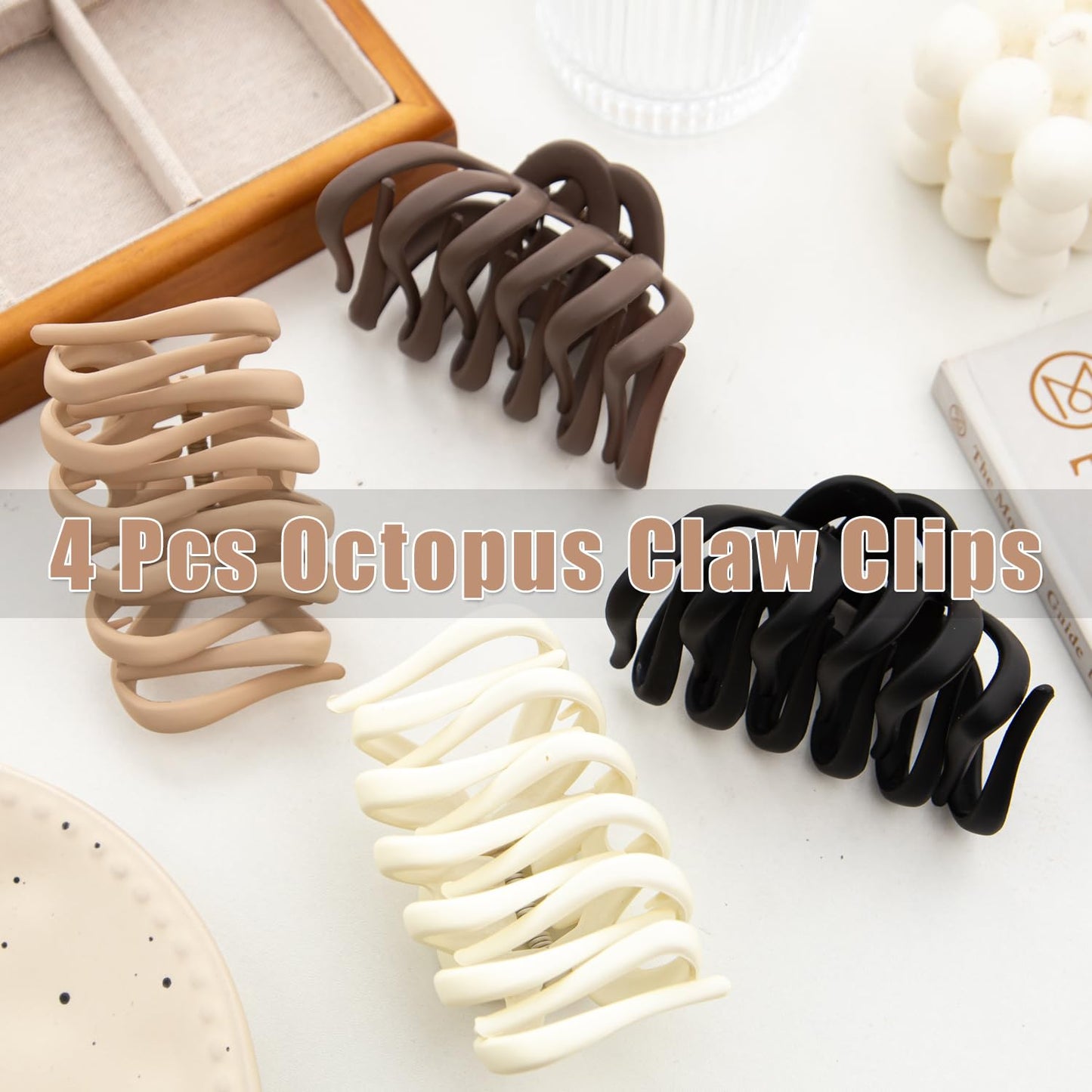 4 Pcs Octopus Claw Clips Octopus Hair Claw Clips for Women 3.8" Large Hair Claw Clip for Women Strong Grip Non-slip Jaw Clip for Thick,natural color