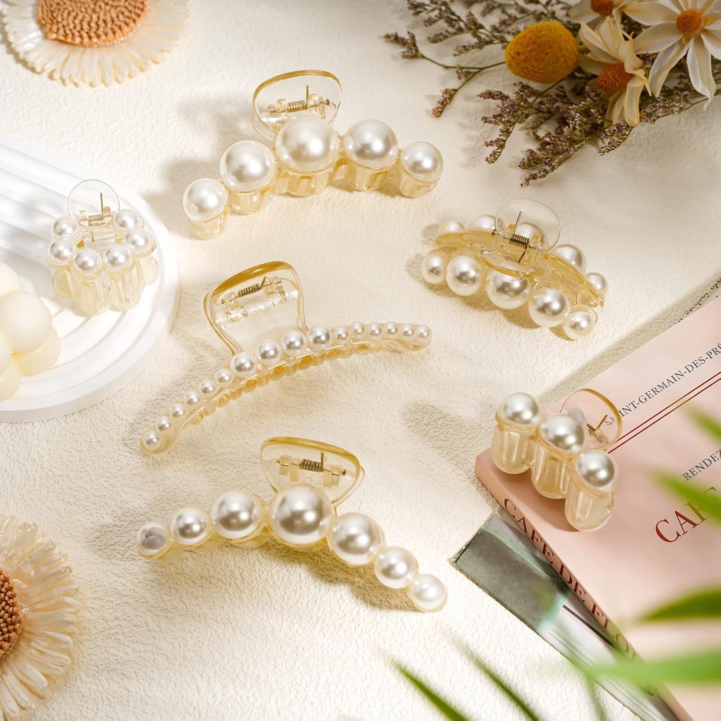 Leezmark 6 PCS Pearl Hair Clips, Wedding Hair Clip for Thick Long Thin Curly Hair White Fancy Big Claw Clips Hair Accessories for Women, Girls