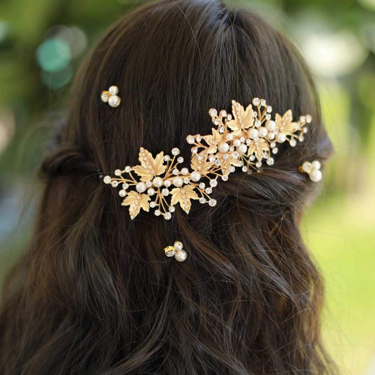 Wedding Hair Clips (2 Pcs) - Rhinestone Pearl Hair Accessories for Bridal Women (Gold)