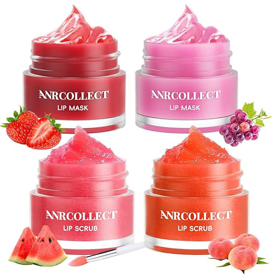 Lip Scrub & Lip Mask - Overnight Treatment Lip Care Kits with 2 Lip Exfoliator & 2 Sleeping Lip Balm, Intense Hydration Lip Set for Dry Chapped Cracked Lips, Exfoliate & Moisturize (4 Pack)
