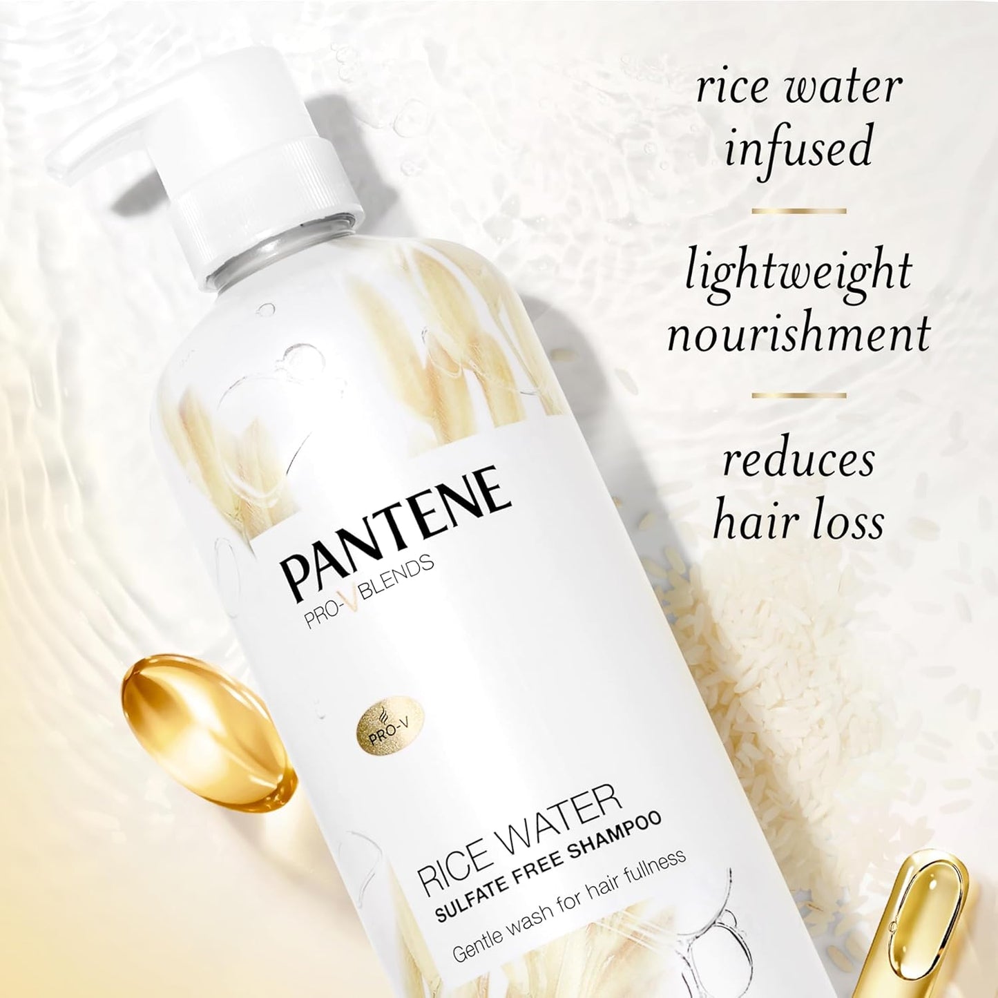 Pantene Sulfate Free Shampoo with Rice Water, Protects Natural Hair Growth, Volumizing, for Women, Nutrient Infused with Vitamin B5, Safe for Color Treated Hair, Pro-V Blends, 30.0 oz