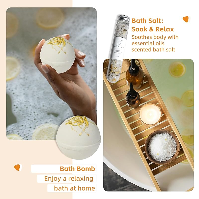 Natural Amor Handmade Spa Gifts for Women, Relaxing 5pcs Spa Gift Set for Women Including Citrus Handmade Soap Bar, Soy Candle, Bath Salt, Bath Bomb