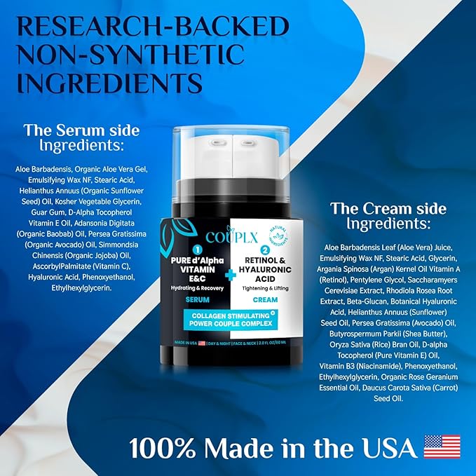 2-Pack 2-in-1 Collagen Booster, Retinol & Hyaluronic Acid Cream & Serum, Anti-Aging, Lifting Skin-Tightening Moisturizer for Men & Women, Neck and Décolleté, Made in USA Daily Moisturizer Face Cream