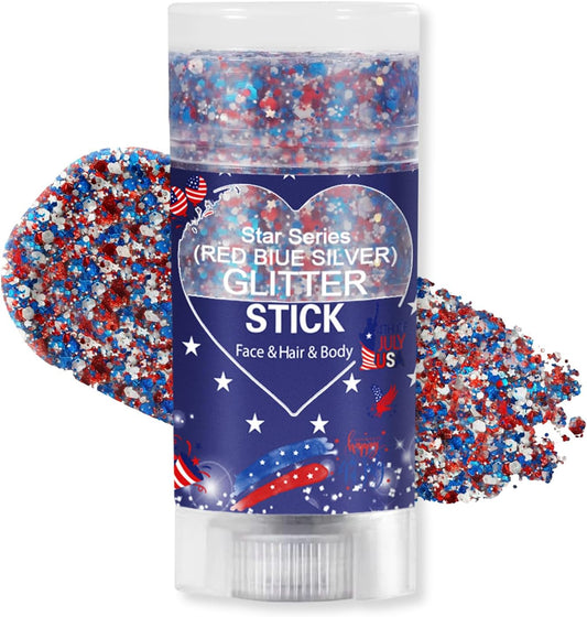 Patriotic Body Glitter Stick, Waterproof Face Glitter Gel, Chunky Glitter Face Paint, 4th of July Red White Blue Sequin Hair Glitter Makeup for American Pride USA Flag Makeup for Independence Day