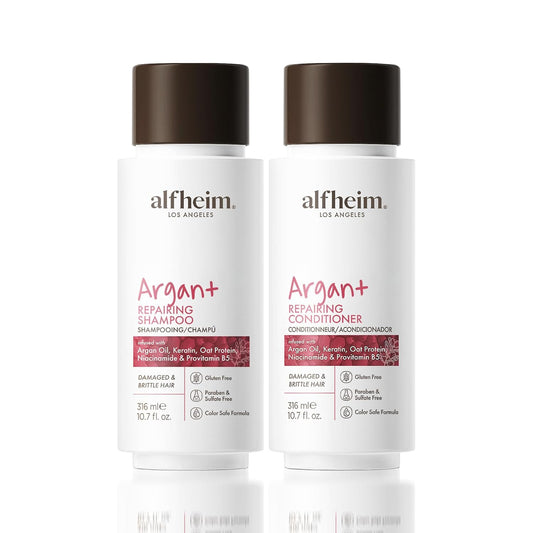 ALFHEIM Argan+ Repairing Shampoo & Conditioner Set for Dry, Damaged & Frizzy Hair with Argan Oil, Keratin, Oat Protein – Deep Repair, Shine & Frizz Control – Sulfate Free – Travel Size 10.7 oz × 2