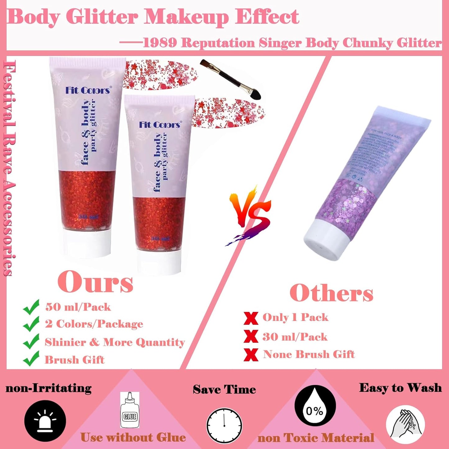 Body Glitter Face Glitter Gel: Singer Concerts Disco Festival Rave Accessories Face Glitter Makeup 150ml Chunky Sequins Mermaid Face Body Hair Glitter Gel (2 Red)