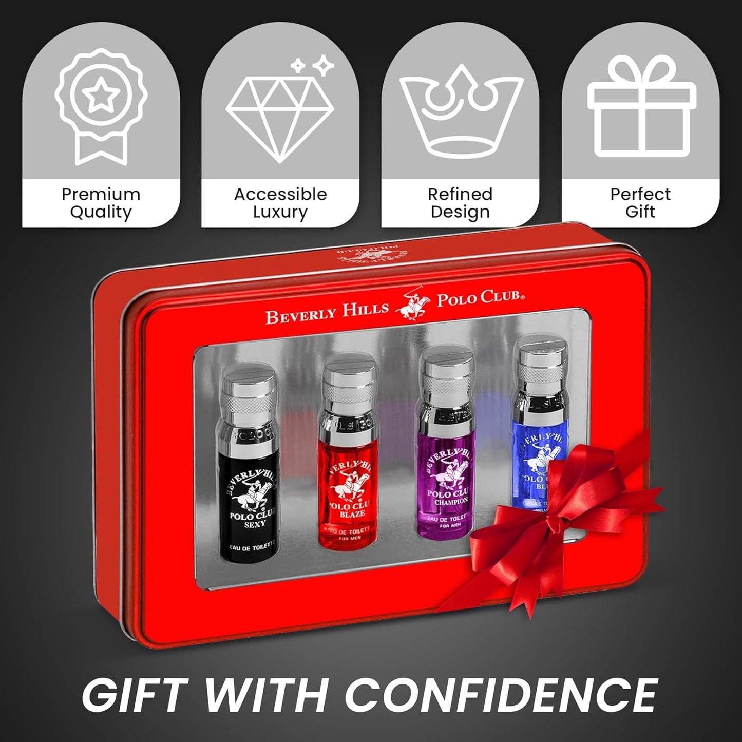 Beverly Hills Polo Club Men's 4-Cologne Gift Set | Diverse Scents & Deluxe Tin Box | Premium Eau de Toilette Collection for Him | Perfect Travel & Discovery Set