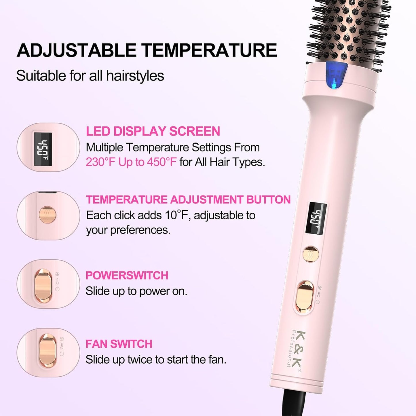 K&K 1.5 inch Blowout Look -Thermal Brush Creates Root Volume & Loose Curls Volume Curls Dual Voltage Cool-AIR TECH Hair Styling Tool