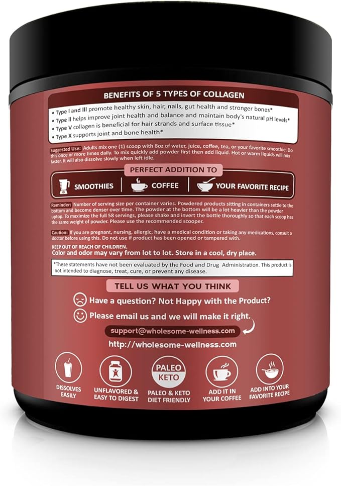 Wholesome Wellness Multi Collagen Protein Powder Hydrolyzed (Type I II III V X) Grass-Fed All-in-One Super Bone Broth + Peptides - Premium Blend of Beef, Chicken, Wild Fish, Eggshell, 58 Servings