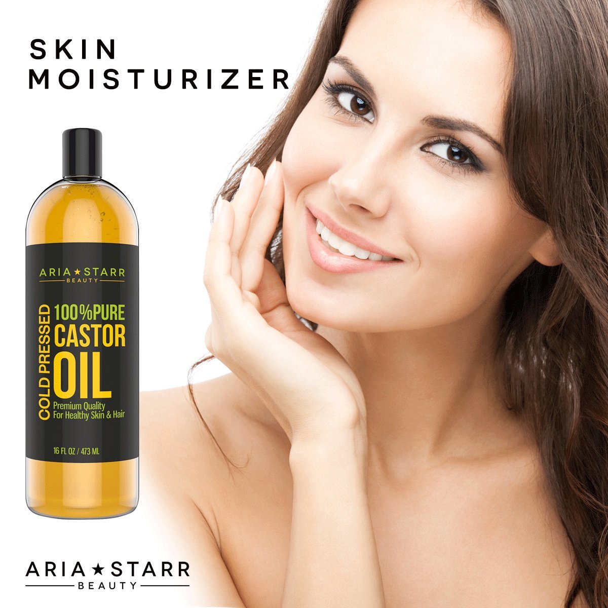 Aria Starr Castor Oil Cold Pressed - 16 FL OZ - 100% Pure Hair Oil For Hair Growth, Face, Skin Moisturizer, Scalp, Thicker Eyebrows And Eyelashes