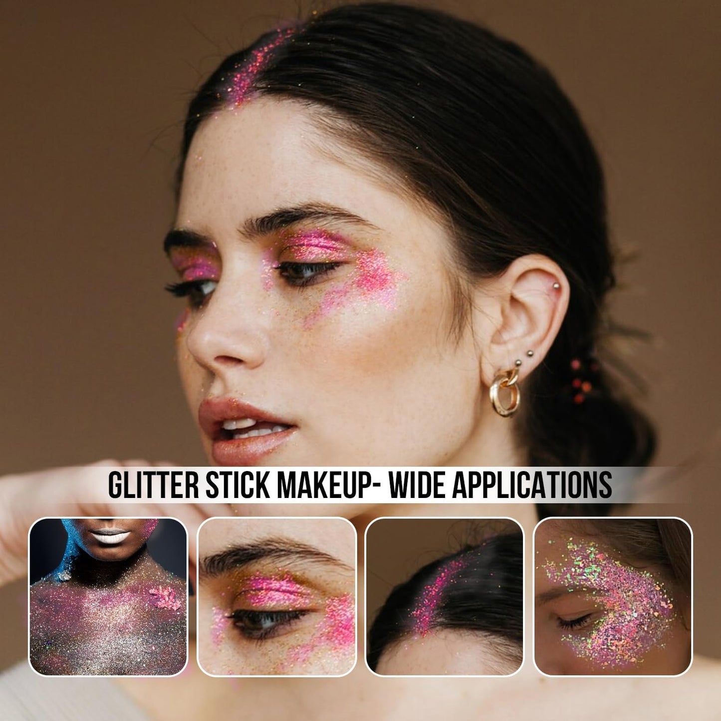 Brzeaf Waterproof Pink Glitter Stick, Not Greasy & Long Lasting, Chunky Glitter for Face/Body/Hair/Eyes/Lip, Singer Concert Music Rave Festival, Glitter Stick Makeup & Face Glitter Gel for Women Men