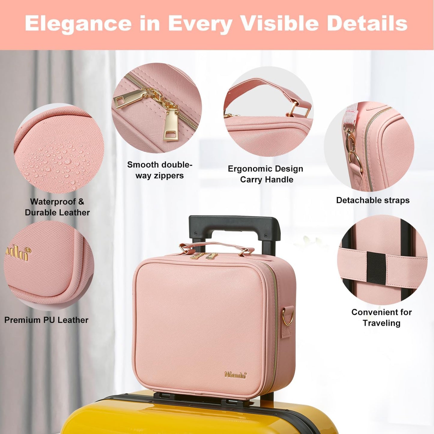 Mocado Travel Makeup Bag with LED Lighted Mirror, Travel Makeup Organizer, Makeup Case with 3 Color Lighted Setting and 10x Magnifying Mirror, Portable Storage and Adjustable Dividers Makeup Box(Pink)