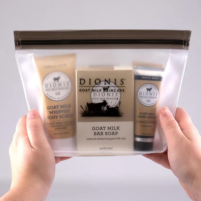 Dionis Goat Milk Skincare Vanilla Bean 6 Piece Self Care Essentials Travel Set - Bar Soap, Shave Butter, Hand Cream, Body Lotion & Whipped Sugar Body Scrub In Resealable Leak Resistant Carrying Case