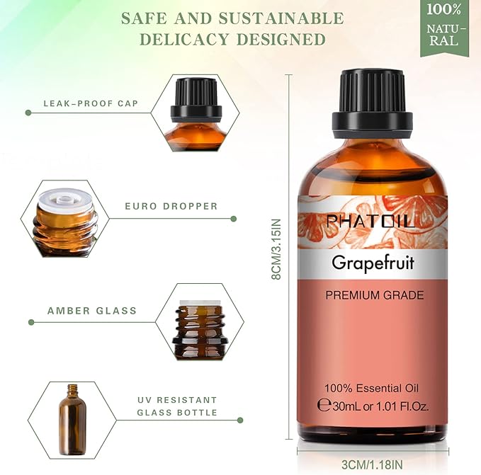 Grapefruit Essential Oil, 1.01Fl.Oz (30ML) PHATOIL Pure Essential Oil Singles for Aromatherapy Diffusers, Humidifiers, Great for DIY Candle and Soap Making, Gift for Friend