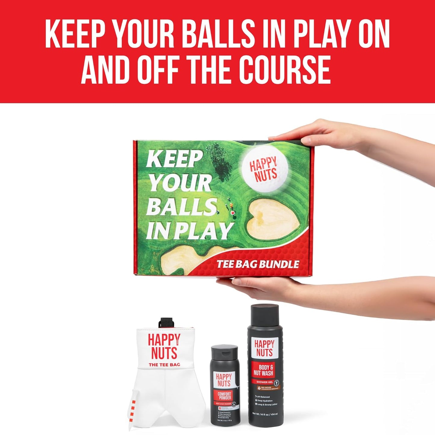 Happy Nuts Tee Bag Bundle for Men – Golf-Themed Grooming & Game Day Essentials - Perfect Men's Gift Kit for Golfers - Sandalwood Body Wash, Anti-Chafing Comfort Powder Deodorant & Golf Ball Tee Bag