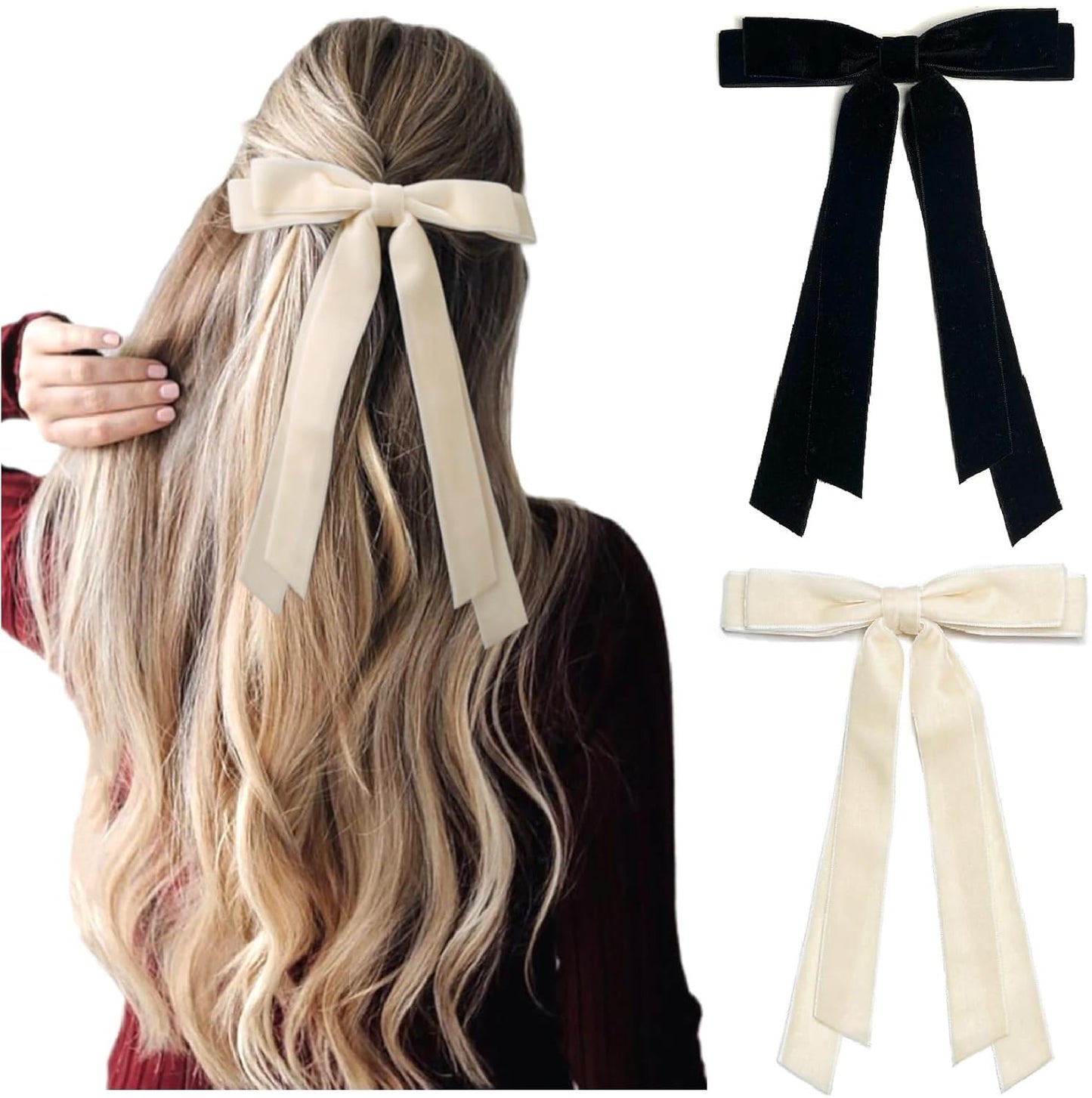 Velvet Hair Bows for Women Girls, Holiday Velvet Ribbon Bows for Hair Holiday Gifts, Black Cream White