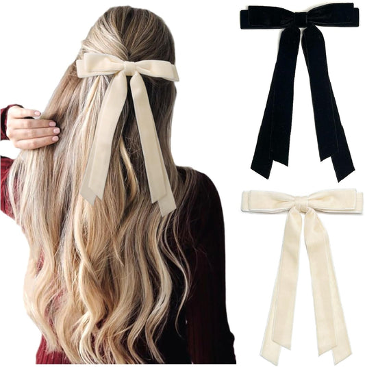 Velvet Hair Bows for Women Girls, Holiday Velvet Ribbon Bows for Hair Holiday Gifts, Black Cream White